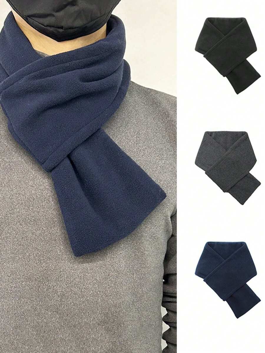 1pc Solid Color Thick Warm Fleece Scarf For Men, Suitable For Winter And Outdoor Daily Wear - Black - View 1