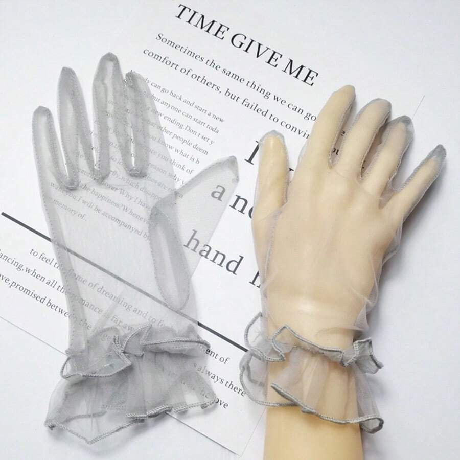 1pair Women's 25cm Grey Transparent Gloves Decorated With Ruffle, Suitable For Everyday Use - Grey - View 1