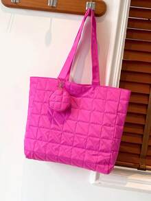 low tea 1 件純色格子圖案手提單肩包拉鍊,大容量,時尚休閒,百搭,含零錢包,適合女士日常使用 - 玫紅色 - 查看 1