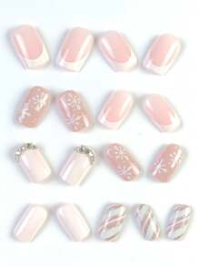 24 peças de Arte de Unha Rosa Quadrada Curta Francesa de Natal com Flocos de Neve, Poá, Listras e Pedrarias, perfeitas para festas e uso diário - Multicolorido - Visão 5