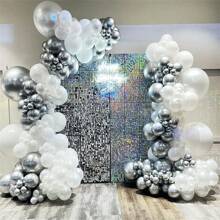 30入組5/10/12吋金屬銀色氣球,大號、中號、小號鍍鉻閃亮銀色乳膠派對氣球,適用於生日、畢業、嬰兒派對、迪斯科、婚禮裝飾(附銀色帶) - 銀色 - 查看 7