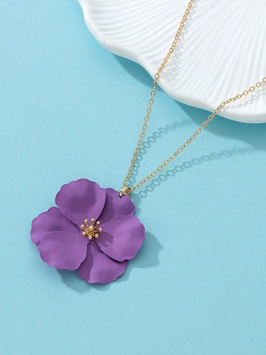 1pc Metallic Colorful Exaggerated Gentle Flower Shaped Pendant Necklace, Perfect Gift For Dating - Purple - View 1