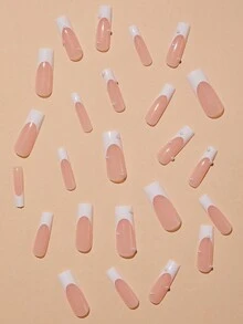 24入組法式芭蕾長型亞克力棺材形狀假指甲,白色珍珠按壓式假甲,適用於女士和女孩完全覆蓋的美甲