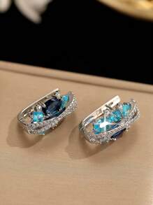 1pair Gorgeous Blue White Cubic Zirconia Paved Elegant Round Decor Earrings Luxury Party Jewelry For Women