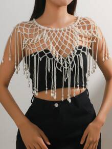 1pc Women's White Faux Pearl Handmade Knitted Body Chain For Dancing Party, Banquet, Fashion Show And Gift - White - View 3