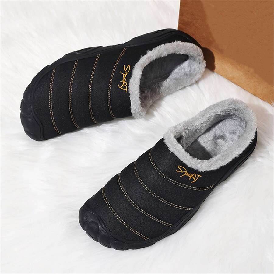 男款冬季防滑防水室內/室外加厚保暖拖鞋,情侶款式,男女皆居鞋 - 黑色 - 查看 1