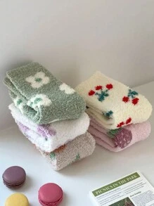 5對女士珊瑚絨櫻桃水果印花保暖睡眠襪，毛茸茸中筒襪 - 彩色 - 查看 3