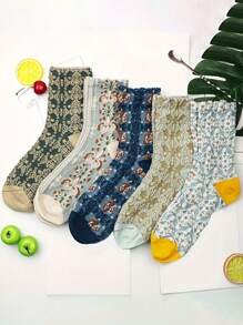 5對女式時尚復古花卉立體繡花休閑中筒襪-綠色