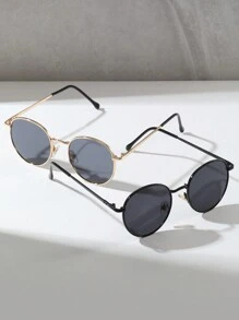 2pcs Unisex Children's Round Metal Frame Glasses, Outdoor Travel Vintage Decorative Glasses - Grey - View 3