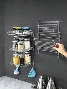 1 Pieza Estante De Almacenamiento Plegable De Acero Inoxidable Con Múltiples Capas Para Organizar Artículos De Tocador En La Cocina O Baño Sin Necesidad De Taladrar - Plateado - Ver 1