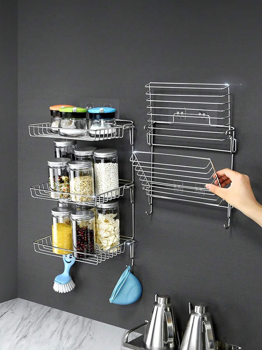 1 Pieza Estante De Almacenamiento Plegable De Acero Inoxidable Con Múltiples Capas Para Organizar Artículos De Tocador En La Cocina O Baño Sin Necesidad De Taladrar - Plateado - Ver 1
