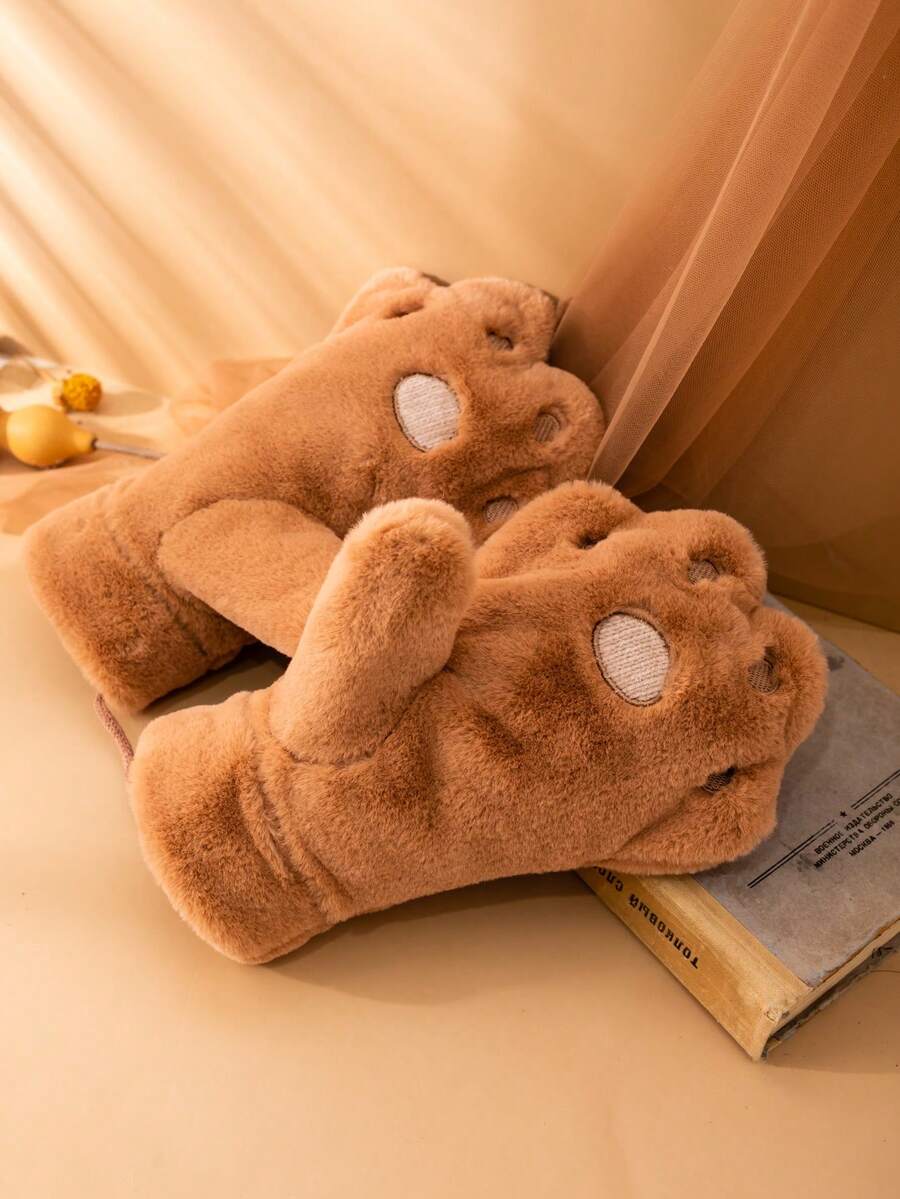 1 雙卡通毛絨爪子設計保暖手套,適合男士、女士,冬季戶外活動,駝色