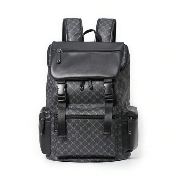 Korean Style Men's Backpack, Fits 16-Inch Laptop, PU Leather With Random Vintage Print, Water-Resistant, Large Capacity Travel Bag, College/Work Computer Bag