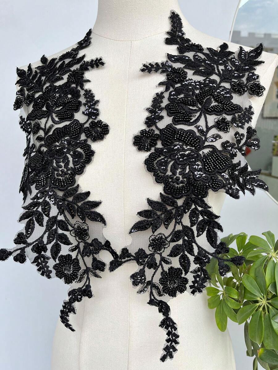 1對黑色蕾絲亮片刺繡蕾絲貼花洋裝裝飾diy貼片服裝配件
