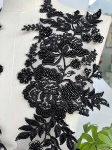 1對黑色蕾絲亮片刺繡蕾絲貼花洋裝裝飾diy貼片服裝配件