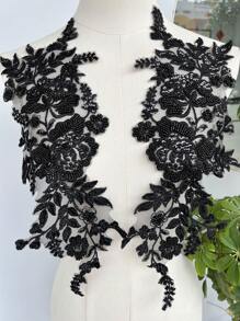 1對黑色蕾絲亮片刺繡蕾絲貼花洋裝裝飾diy貼片服裝配件