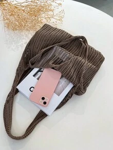 Tối giản Hollowed Out Chi tiết Túi Móc Dung lượng lớn Tay cầm đôi Bện Mua sắm Lưới Cái túi - Cà phê nâu - Xem 4