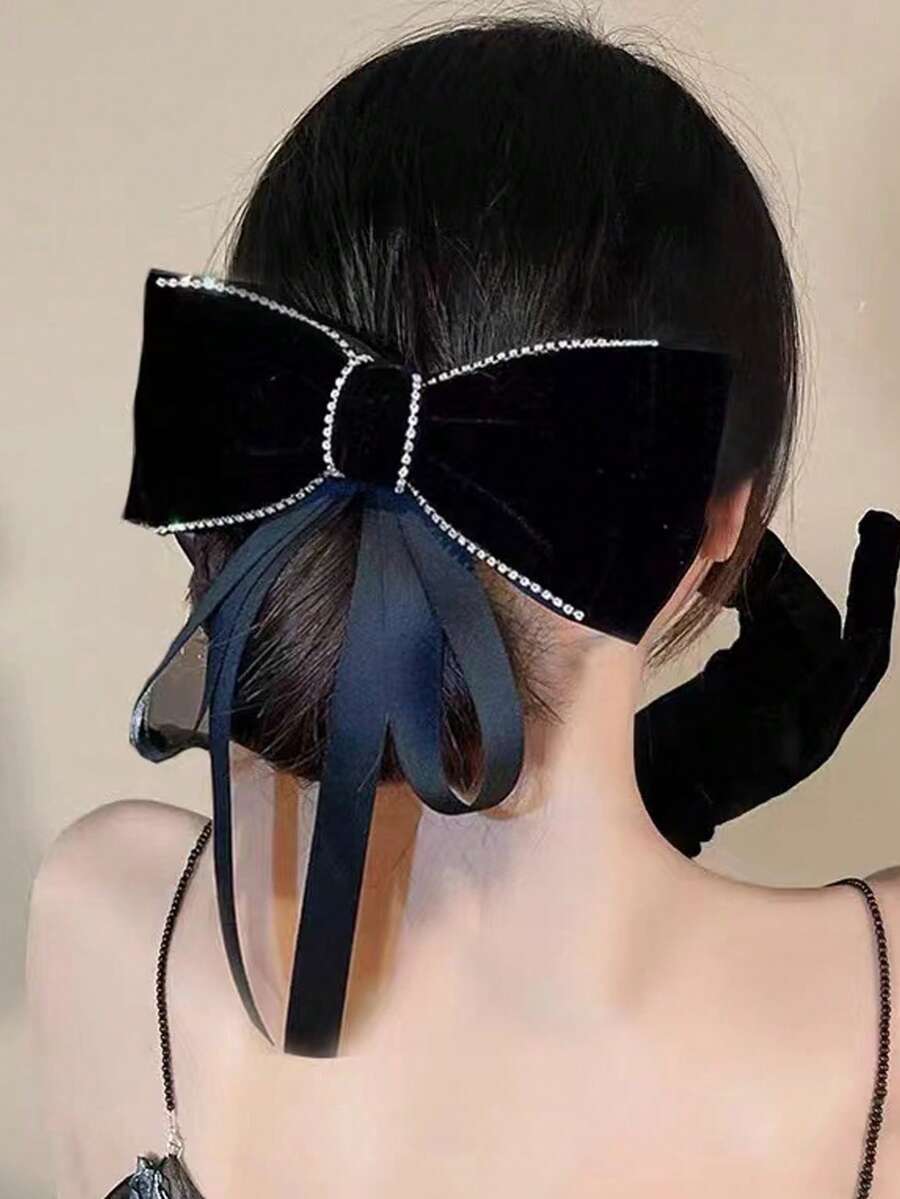 1 件裝女式黑色天鵝絨蝴蝶結緞帶髮夾,時尚大髮夾髮飾,適合日常佩戴 - 黑色 - 查看 1