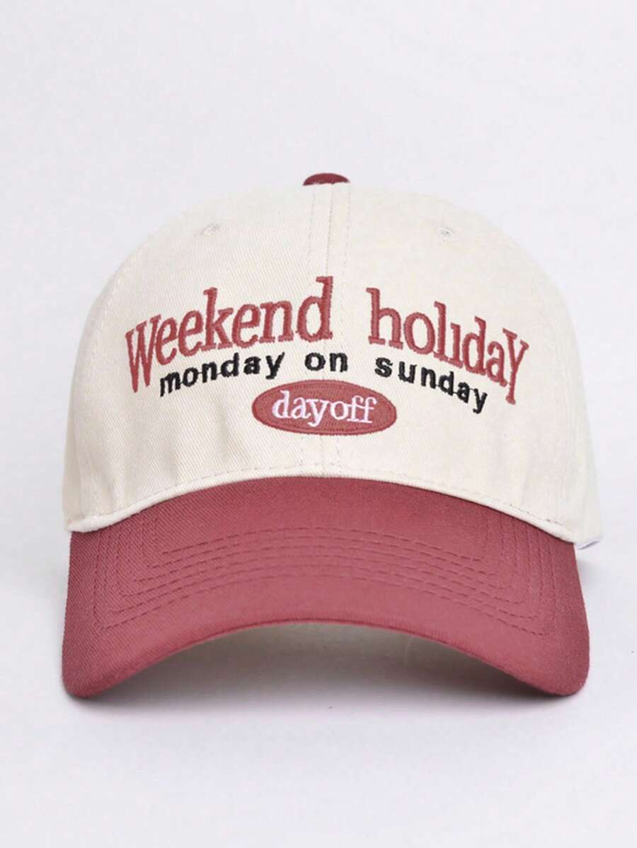 1pc Unisex Red Cap With Letter 'weekend Holiday' Embroidery, Sun Protection, Vintage Baseball Hat - Red - View 1
