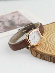 1 Pieza Reloj De Cuarzo Minimalista Cuadrado Para Damas, Apto Para Uso Diario - Marrón - Ver 2