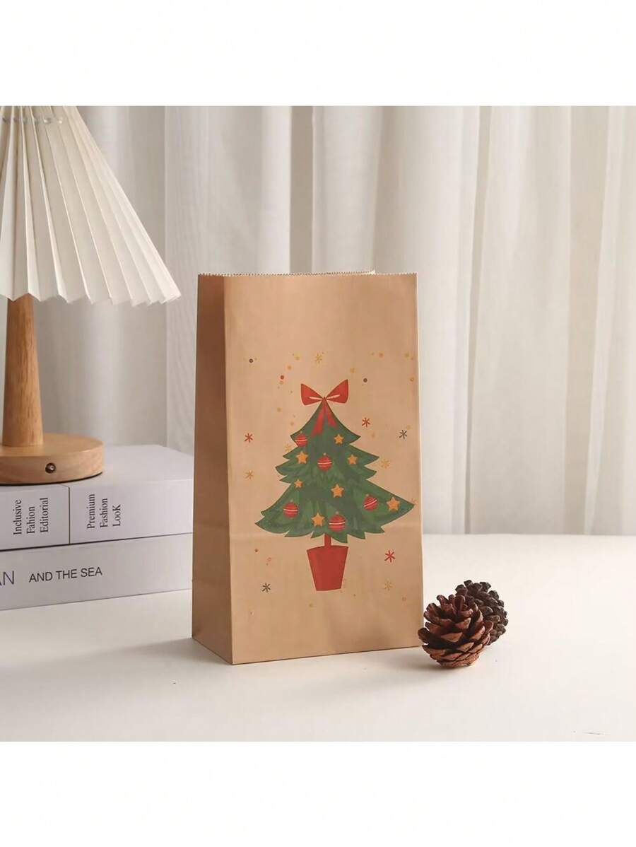 24pcs Natural Christmas Kraft Paper Bags With Handles For Gift Packaging - Green - View 1
