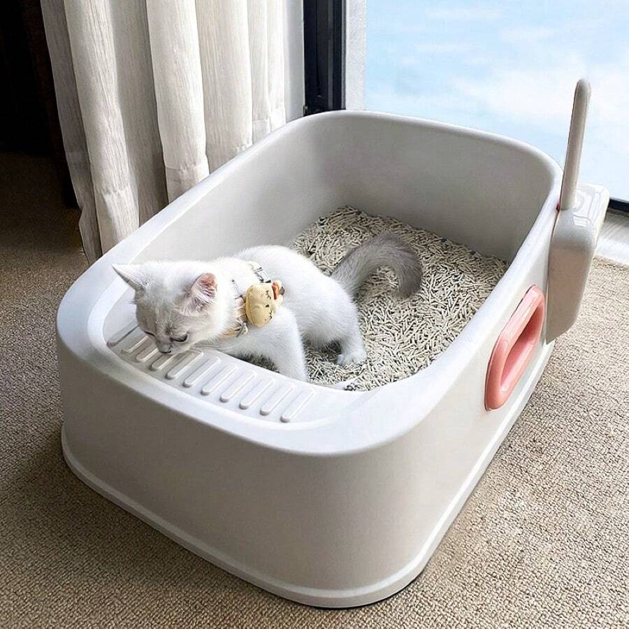 1 Set Of 2 Pieces Cat Litter Box With Handle And Sand Scoop Anti-slip - White - View 1