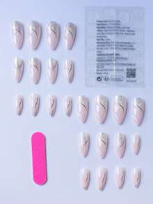 立即使用 24 件杏仁形花卉線條閃光磨損美甲藝術升級您的外觀,適合女士和女孩完全覆蓋假指甲