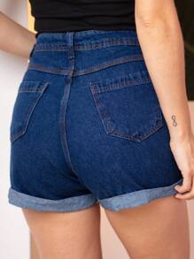 Women Denim Shorts - 深色水洗藍 - 查看 4