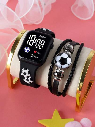 Two Children's Watches With Football Decorations, Featuring Fashionable And Classic Digital Square LED Design. These Are Suitable For Children To Wear During The Back-To-School Season. They Are Wristbands And Electronic Watches With Hand-Woven Football Cords, Suitable For Daily Life, Sports, School, Parties And Travels. They Are Perfect Gifts For Friends, Birthday Presents, Graduation Season. They Are The Ideal Gifts For Boys And Girls.