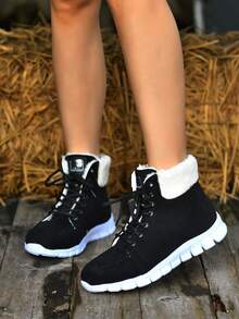 冬季靴子女短毛絨保暖雪靴休閒百搭學生鞋 - 黑色 - 查看 5