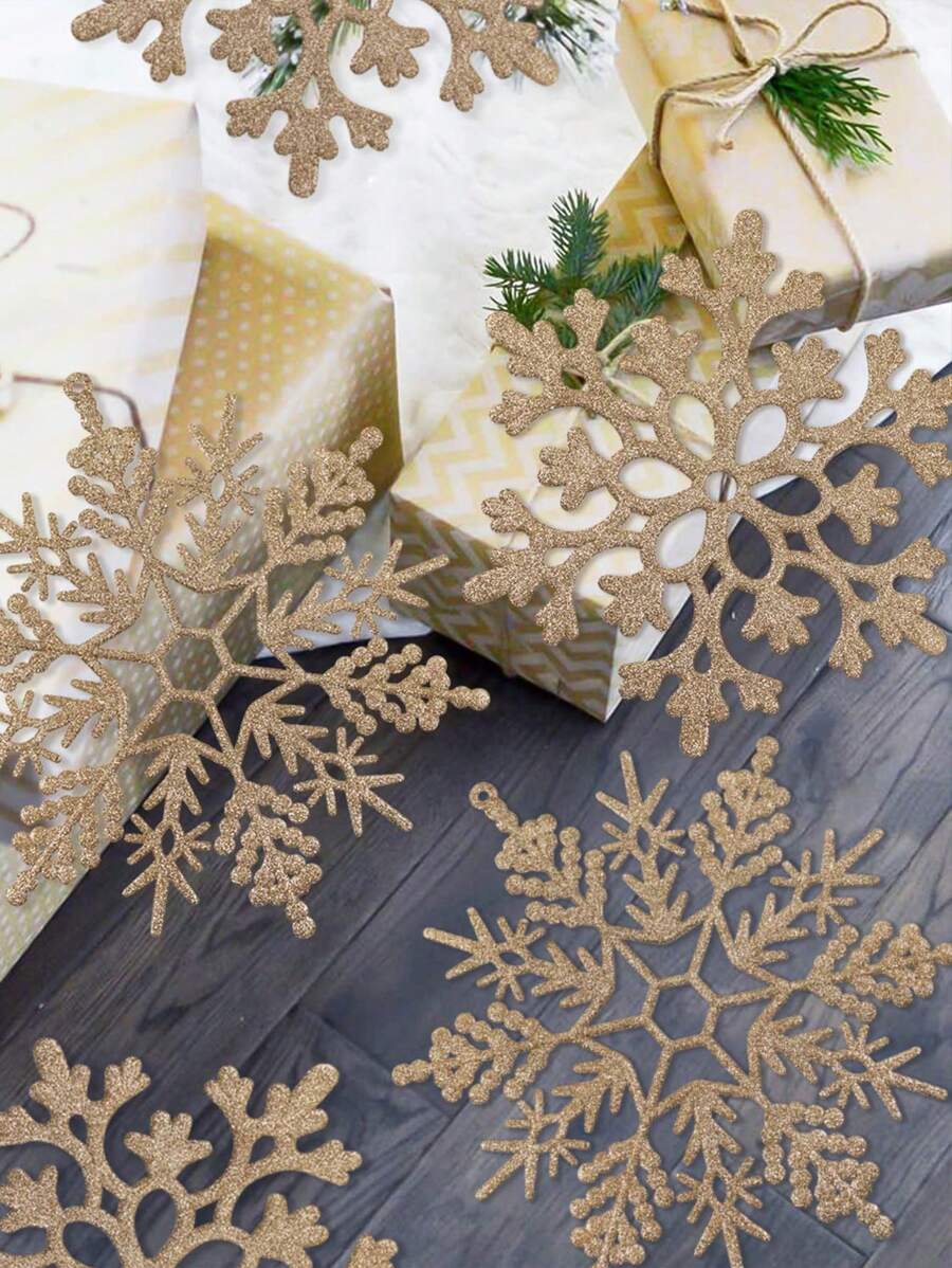 10入組圣誕節裝飾雪花,金色塑料雪花掛繩,節日窗飾,4英寸/10厘米大塑料閃光雪花,冬季室內外圣誕樹窗戶房間裝飾雪花工藝,閃亮的雪花飾品,閃亮的圣誕樹裝飾雪花,適用於婚禮,感恩節,新年派對 - 金色 - 查看 1