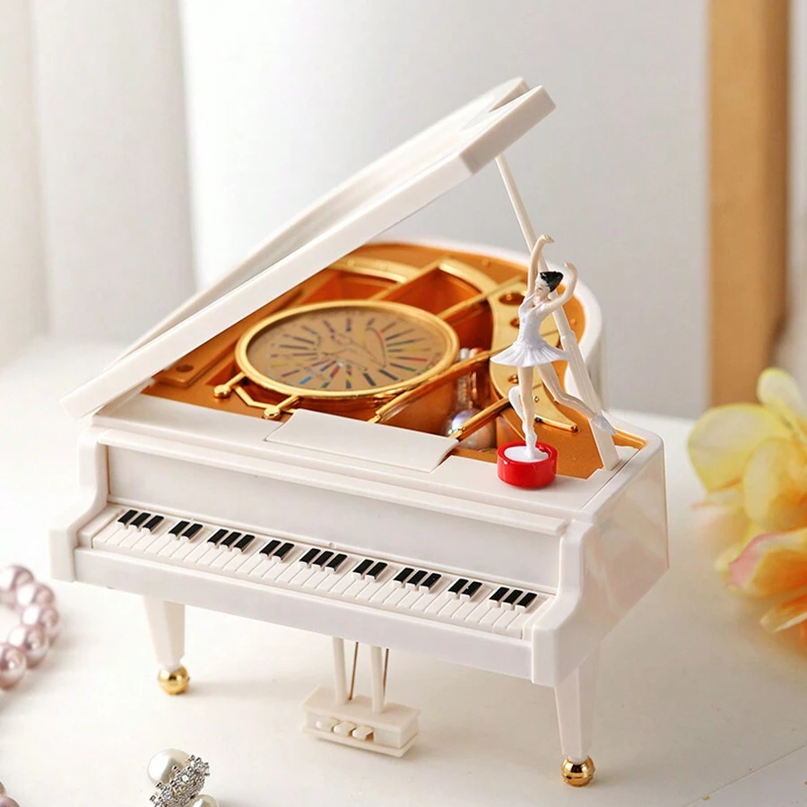 Bonita caja musical de cuerda en forma de piano con figura de bailarina. - Blanco - Ver 1
