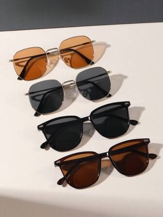 4 Sets Of Square & Round PC Metal Outdoor Fashion Glasses, Fashionable For Daily Use Beach Accessories Glasses Shades For Summer Beach Vacation,Outdoor,Travel