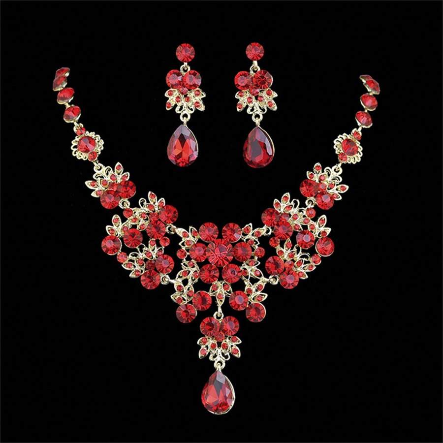 女士婚禮珠寶套裝,時尚奢華鑲嵌鋁合金項鍊和耳環,適用於派對