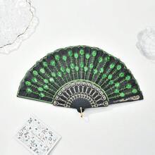 1 件裝女士化妝派對閃光風扇刺繡折疊扇塑膠孔雀扇帶閃光跳舞用