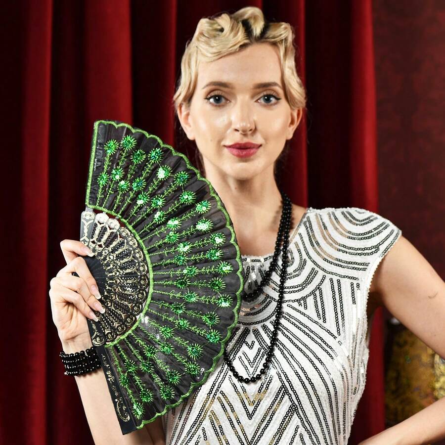 1 件裝女士化妝派對閃光風扇刺繡折疊扇塑膠孔雀扇帶閃光跳舞用