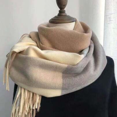 1 pieza Bufanda de invierno con flecos y decoración a cuadros para mujer y unisex, bufanda de punto cálida para uso casual y de calle, adecuada para otoño e invierno