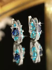 1pair Gorgeous Blue White Cubic Zirconia Paved Elegant Round Decor Earrings Luxury Party Jewelry For Women