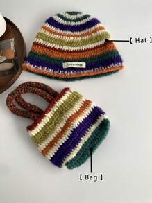 1 套手工钩编彩虹条纹针织帽，带蝴蝶结 + 包，复古 Y2K 钩编魔鬼角风格渔夫帽，独特彩虹钩编渔夫帽，适合女士冬季秋季