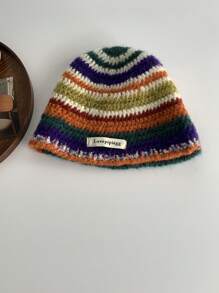 1 set Gorro de punto a crochet hecho a mano con lazo y rayas de arcoíris, y gorro cubo de punto con parche de letra, estilo de cuernos de demonio Y2K, gorro cubo de crochet de arcoíris retro, regalo de San Valentín - Naranja Quemada - Ver 4