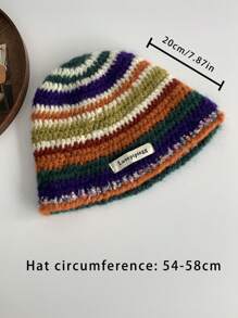 1 set Gorro de punto a crochet hecho a mano con lazo y rayas de arcoíris, y gorro cubo de punto con parche de letra, estilo de cuernos de demonio Y2K, gorro cubo de crochet de arcoíris retro, regalo de San Valentín - Naranja Quemada - Ver 6