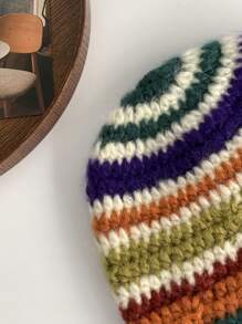 1 set Gorro de punto a crochet hecho a mano con lazo y rayas de arcoíris, y gorro cubo de punto con parche de letra, estilo de cuernos de demonio Y2K, gorro cubo de crochet de arcoíris retro, regalo de San Valentín - Naranja Quemada - Ver 8