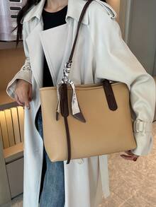 1 Miếng Màu thuần Da giả Có thể mang đi Dung lượng lớn Dây kéo Khép kín Đúng mốt Đơn giản giản dị Linh hoạt Vai Túi tote Đối với Của phụ nữ Sử dụng hàng ngày - Màu Khaki - Xem 4