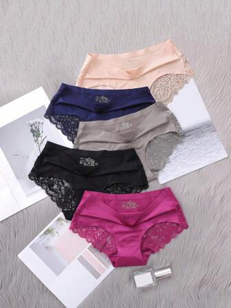 5pcs/set Women's Ice Silk Seamless Lace Low-rise Sexy & Comfortable Triangle Panties Shorts