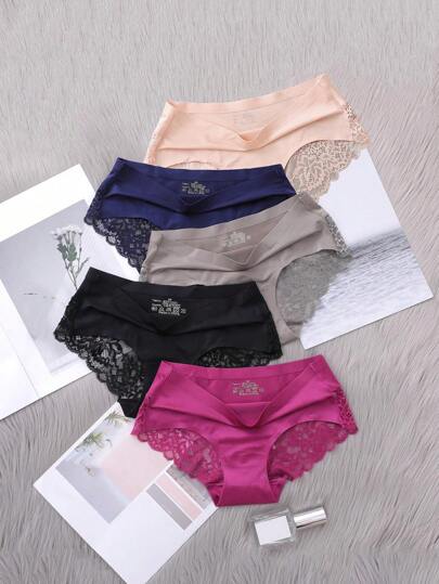 5pcs/set Women's Ice Silk Seamless Lace Low-rise Sexy & Comfortable Triangle Panties Shorts