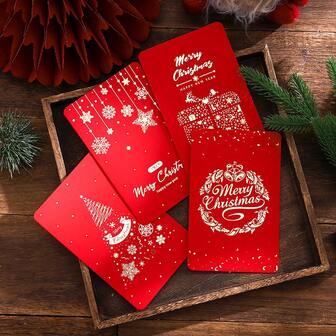 4 張聖誕元素圖案商務風格鍍金賀卡,適合贈送公司業務工作的祝賀信封和卡片