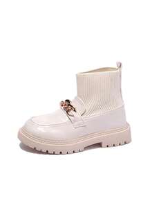1pair Girls' Pu Knitted Sock Boots, Classic And Versatile, Suitable For All Seasons - Beige - View 5