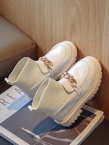 1pair Girls' Pu Knitted Sock Boots, Classic And Versatile, Suitable For All Seasons - Beige - View 2