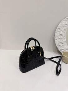 Solid Color Fashionable Double Handle Shell & Crocodile Pattern Crossbody Bag For Women - Black - View 5