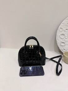 Solid Color Fashionable Double Handle Shell & Crocodile Pattern Crossbody Bag For Women - Black - View 4